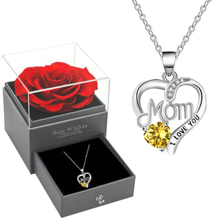 Party Alloy Mosaic Synthetic Zirconia (Synthetic Cubic Zirconia) Letter Engraved Heart Shaped Necklace, with Soap Rose Gift Box, for Daily Occasion, Gift-giving Occasion, Mother'S Day, Christmas, Birthday, All Seasons, The Best Gift for Mom - isdagiftshop