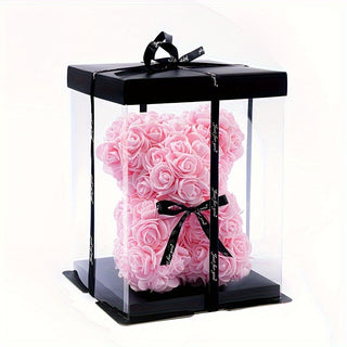 Artificial Rose Bear Flower Arrangement - 20cm Foam Roses with Container for Valentine's Day, Mother's Day, Anniversary, Wedding, Birthday, Christmas, Thanksgiving - Home Decor Living Room Tabletop Gift - isdagiftshop