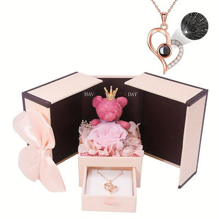 Elegant Rose & Bear Flower Gift Box with Synthetic Stone, Copper Heart Pendant Necklace, Ideal for Birthday, Christmas, Valentine'S Day, Thanksgiving - All-Season Party & Gift Giving Accessory - isdagiftshop