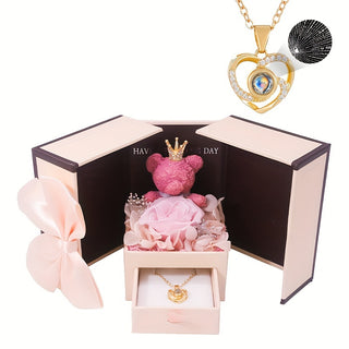 Elegant Rose & Bear Flower Gift Box with Synthetic Stone, Copper Heart Pendant Necklace, Ideal for Birthday, Christmas, Valentine'S Day, Thanksgiving - All-Season Party & Gift Giving Accessory - isdagiftshop
