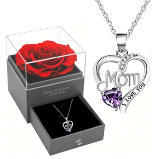 Party Alloy Mosaic Synthetic Zirconia (Synthetic Cubic Zirconia) Letter Engraved Heart Shaped Necklace, with Soap Rose Gift Box, for Daily Occasion, Gift-giving Occasion, Mother'S Day, Christmas, Birthday, All Seasons, The Best Gift for Mom - isdagiftshop