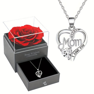 Party Alloy Mosaic Synthetic Zirconia (Synthetic Cubic Zirconia) Letter Engraved Heart Shaped Necklace, with Soap Rose Gift Box, for Daily Occasion, Gift-giving Occasion, Mother'S Day, Christmas, Birthday, All Seasons, The Best Gift for Mom - isdagiftshop