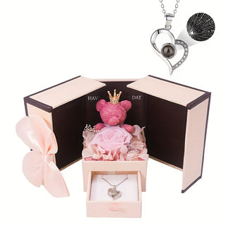 Elegant Rose & Bear Flower Gift Box with Synthetic Stone, Copper Heart Pendant Necklace, Ideal for Birthday, Christmas, Valentine'S Day, Thanksgiving - All-Season Party & Gift Giving Accessory - isdagiftshop