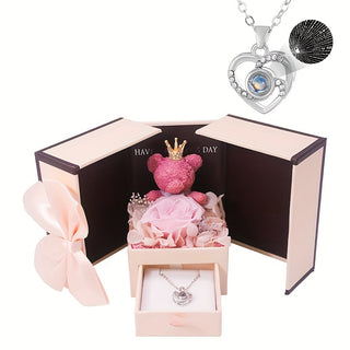 Elegant Rose & Bear Flower Gift Box with Synthetic Stone, Copper Heart Pendant Necklace, Ideal for Birthday, Christmas, Valentine'S Day, Thanksgiving - All-Season Party & Gift Giving Accessory - isdagiftshop